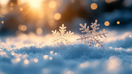 Beautiful Ice Snowflakes Glimmering on Snow enchanting magic and beauty of the winter season