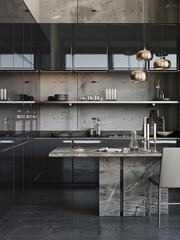 kitchen with high-gloss cabinets, a concrete backsplash, a marble island with waterfall edges, pendant lights in brushed brass, and open shelving displaying minimalist decor and glassware.