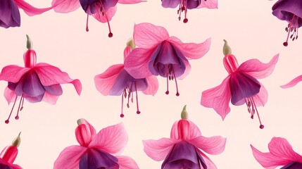 A Close-Up Pattern of Pink and Purple Fuchsia Flowers on a White Background