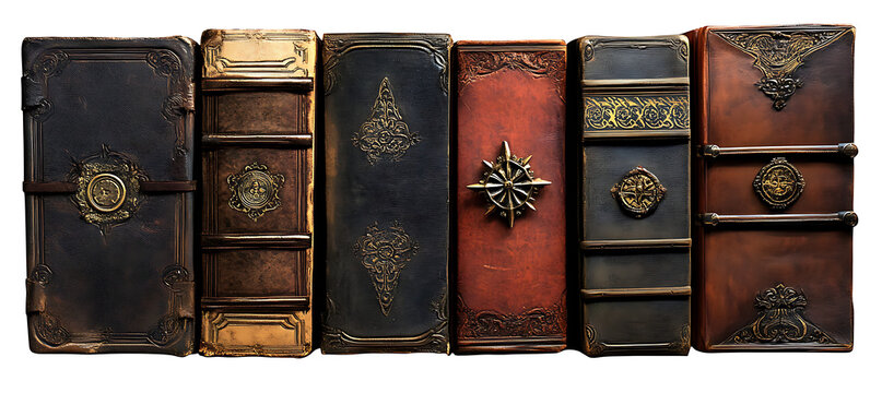 Antique decorative leather book covers. Collection of old books.