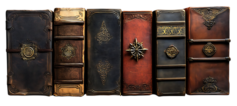 Antique decorative leather book covers. Collection of old books.