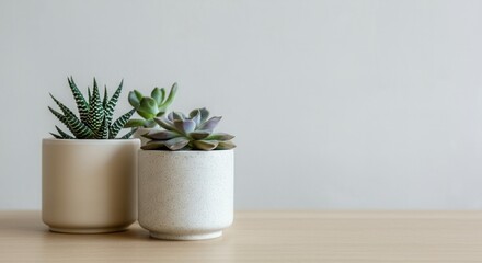 Fototapeta premium Serene indoor succulent plants in modern pots on wooden table