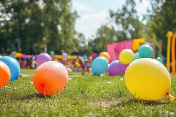 Naklejka premium Vibrant kids birthday party in a park with colorful balloons and outdoor fun