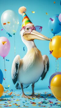 Happy Birthday Celebration, Pelican Wearing Party Hat and Glasses, Colorful Confetti and Balloons, Party invitation, Animal Birthday Series