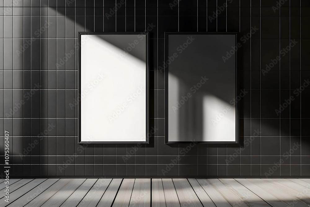 Poster two vertical empty poster frames on a black tiled wall with wooden floor. 3d rendering