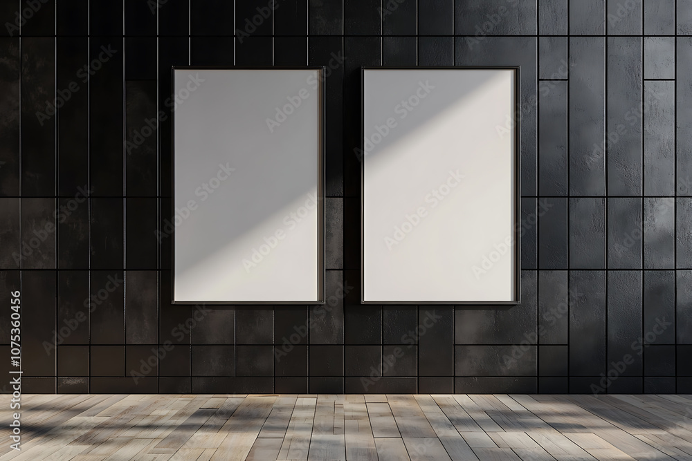 Poster two vertical empty poster frames on a black tiled wall with wooden floor. 3d rendering