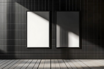 Two vertical empty poster frames on a black tiled wall with wooden floor. 3D Rendering 