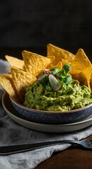Fresh homemade guacamole with tortilla chips in rustic setting