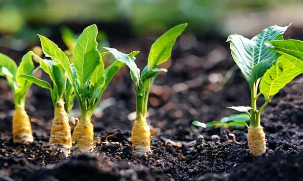 Turmeric roots in the soil in a garden