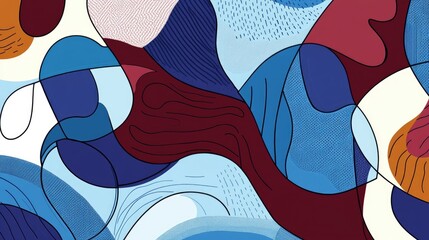 Abstract line art illustration featuring designs in shades of blue and maroon