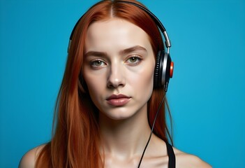 Stylish fashion teenager model wearing hoodie and headphones listening dj music dancing in purple neon lights. Young teen girl enjoy cool music 90s party mix in violet studio background. Copy space.