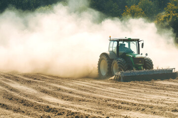 Agricultural tractor plowing dusty field under bright sunlight for farm productivity and...