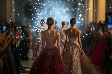 A couture show finale with models in luxurious evening gowns walking together, surrounded by flashing cameras and applause.