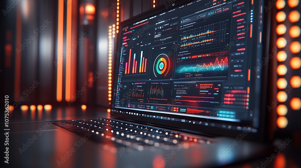 Aufkleber a laptop with a glowing screen displaying colorful data visualizations in a dark, industrial setting