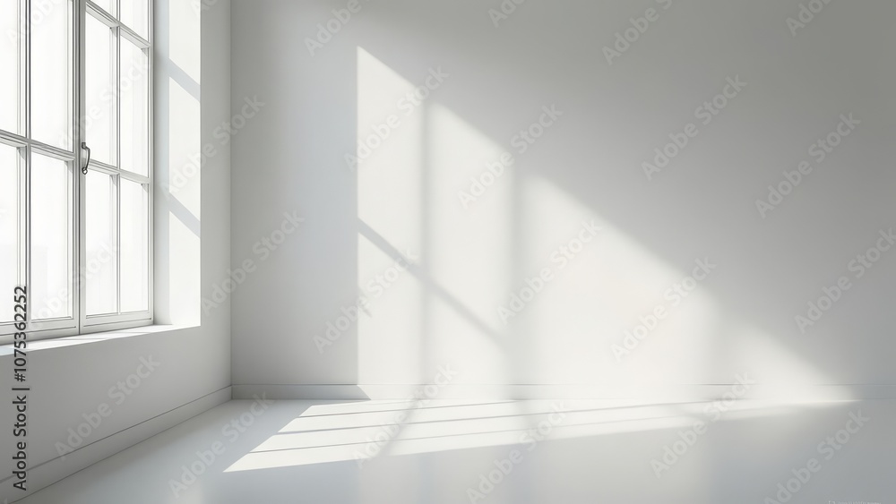 Poster sunlit minimalist empty room with large window casting shadows
