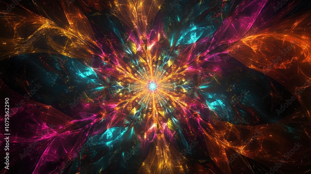 Poster abstract multicolored background featuring a line art illustration of a fractal explosion star with 