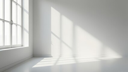 Fototapeta premium Sunlit minimalist empty room with large window casting shadows
