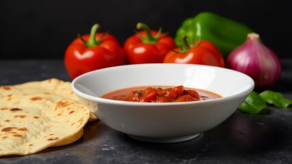 Gazpacho soup in white bowl over dark stone background. Cold tomato soup, ingredients for making gazpacho, tomatoes, basil, herbs, peppers, pita bread, 