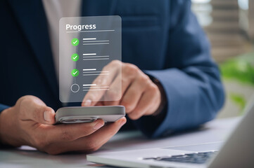 Digital Checklist and Task Management Concept. Business Using Smartphone for Progress Tracking. in a Modern, Efficient Workflow, Ideal for Productivity and Project Success Themes.