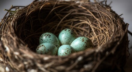 Obraz premium Tranquil bird's nest with speckled eggs in natural light