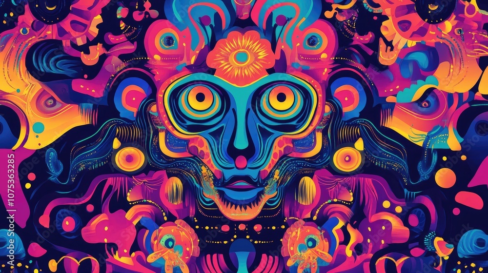 Poster vivid psychedelic background design in a line art style