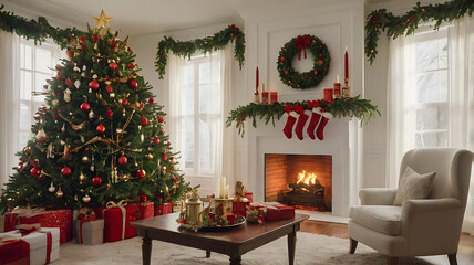 Cozy Traditional Christmas Living Room with Festive Decor and Fireplace, Christmas living room, holiday decor, Christmas tree, fireplace, Christmas decorations