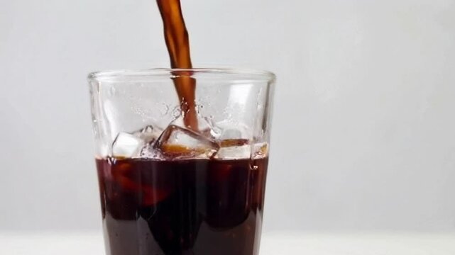 iced cold brew coffee pouring over ice cubes with minimalist kitchen design enhancing the modern feel,refreshing cold brew coffee cascading over clear ice in a minimalist kitchen for a modern, clean l