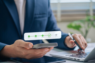 Corporate Progress and Task Management. Businessperson Engaging with Mobile Interface Featuring Digital Check Marks, Highlighting Efficient Planning, Data Tracking, and Workflow Success