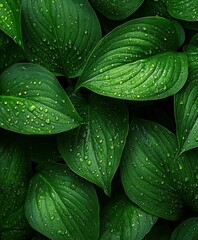 Obraz premium Lush Green Leaves with Water Droplets: A Close-Up of Nature's Tranquility