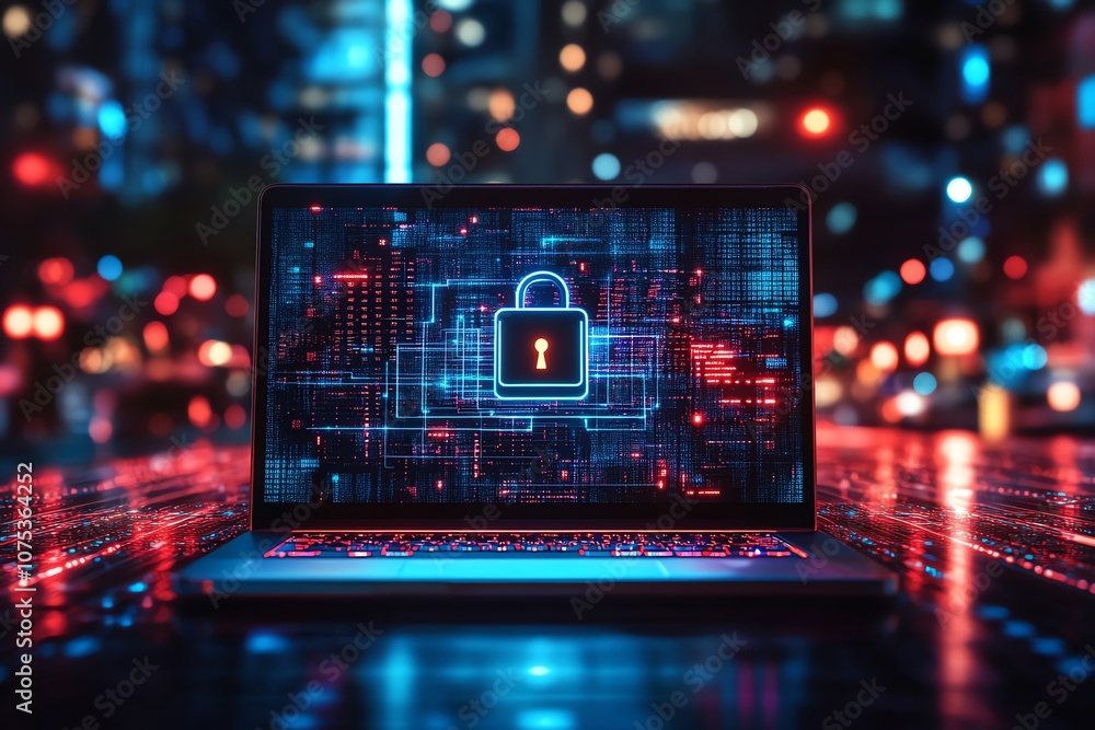 Poster a glowing padlock icon on a laptop screen, representing cybersecurity and data protection, against a