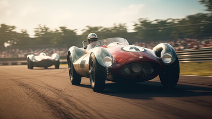 Vintage racing car on the track. Retro auto sport event, with fast classic cars