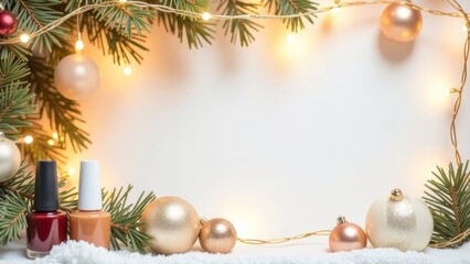 Christmas frame for text postcard, Christmas tree decorations, in the foreground are nail polishes for manicure and beauty salons