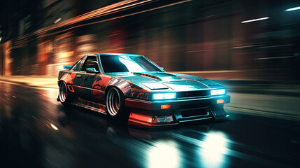 Street racing scene with sport car in neon lights. Speed lines and light trails of night urban drive.
