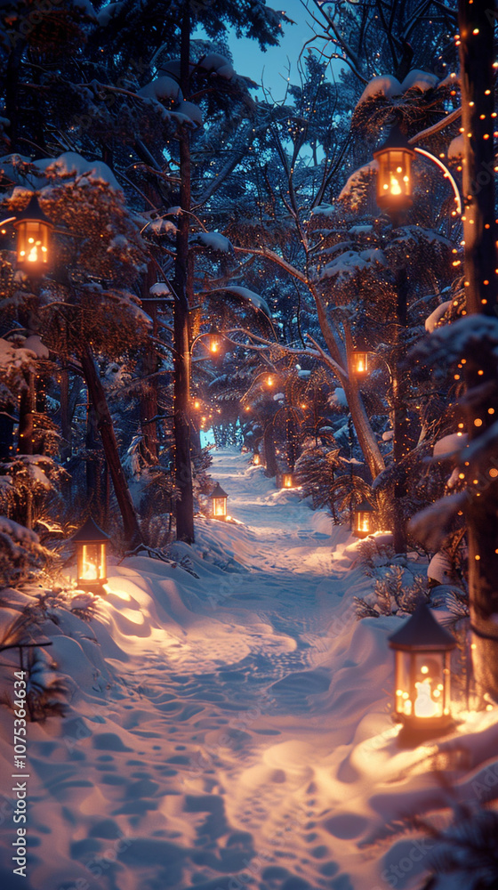 Poster a snowy path lined with illuminated christmas lanterns leading through a dense forest of tall pine t
