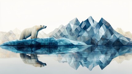 Naklejka premium Polar Bear Standing on a Melting Iceberg with Geometric Mountains in the Background