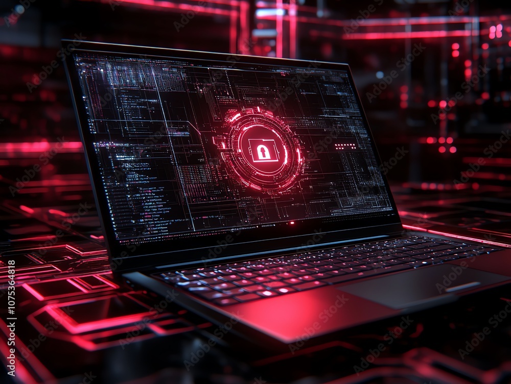 Poster A laptop with a glowing red lock icon on the screen, symbolizing cybersecurity and data protection.