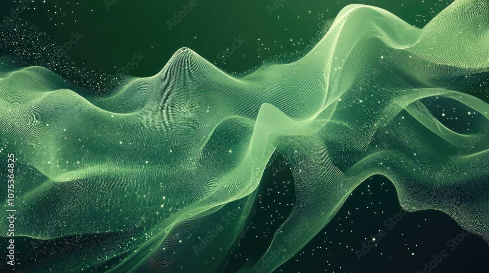 Poster vibrant abstract green background featuring sparkling elements and a dynamic line art design