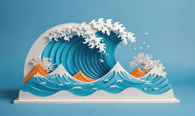 A paper sculpture of a large wave crashing over mountains