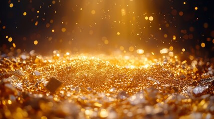 Naklejka premium Sparkling Gold Glitter with Bokeh Lights and Dark Background