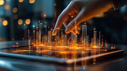 A Hand Interacting with a Holographic Cityscape Displayed on a Tablet