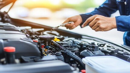 Technician Performing Engine Inspection in Workshop, Focused on Vehicle Maintenance and Mechanical Repair