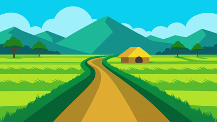 Rural landscape with rice fields, mountains and blue sky. Vector illustration 