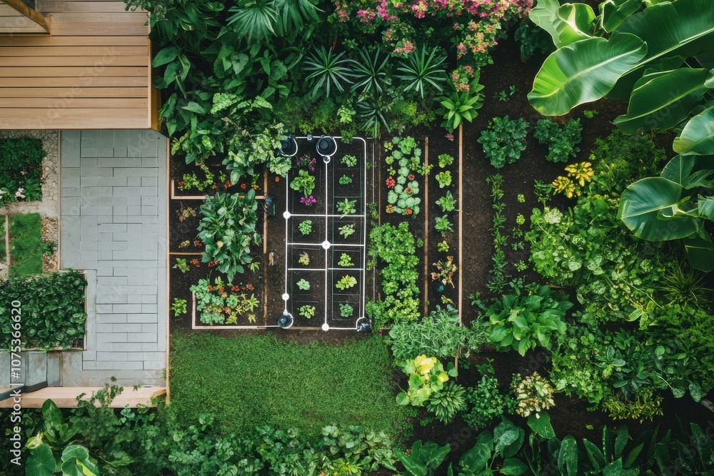 Poster the lush garden features an array of plants, automated sprinklers, and soil sensors flourishing unde