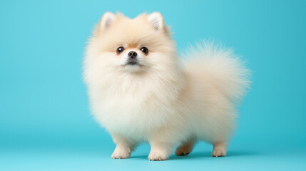 Obraz premium Fluffy Pomeranian dog standing against bright blue background, showcasing its adorable features and playful demeanor. This indoor setting highlights dog soft coat and charming expression