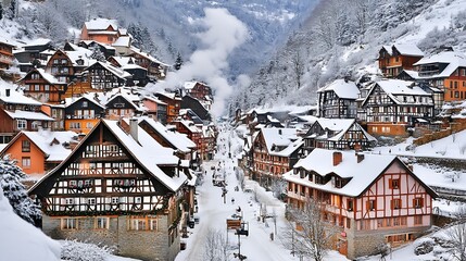 A Snowy Village Street with Timber-Framed Houses