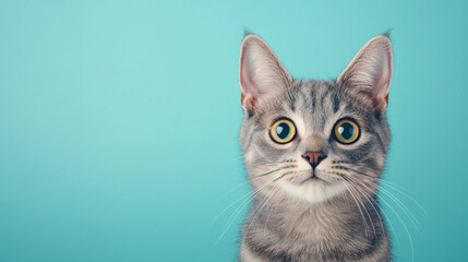Obraz premium Calm British Shorthair cat with large eyes against turquoise background, exuding curiosity and charm