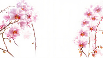 a branch of pink orchids on a white background