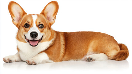Corgi dog lying on white background, smiling happily with perky ears. This adorable pet exudes joy and playfulness, making it perfect companion