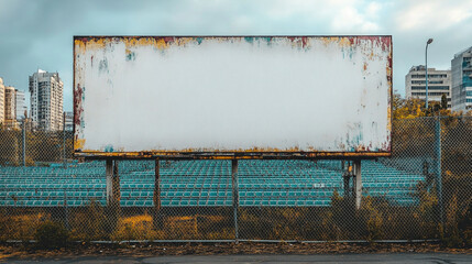 Urban billboard with blank space surrounded by chain-link fence and cityscape background - Powered by Adobe