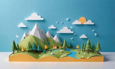 A papercraft landscape depicts a serene mountain valley with a winding river and scattered trees under a clear blue sky